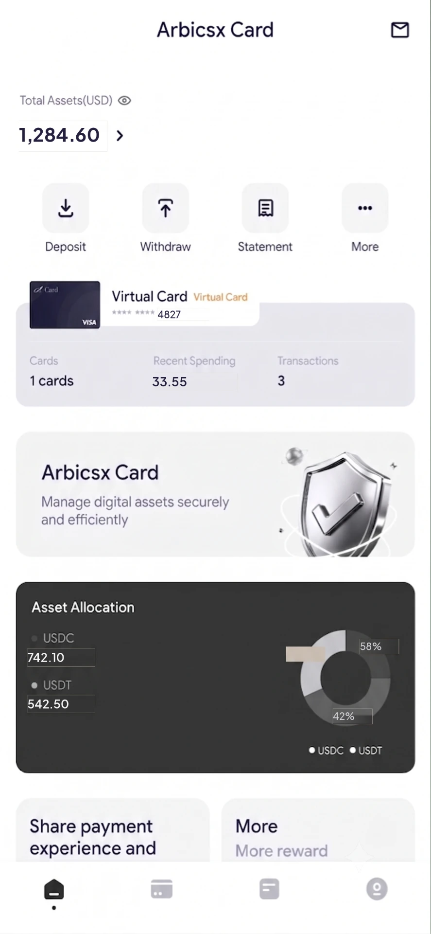 Schermata home dell'app Arbicsx con il totale degli asset e la carta virtuale